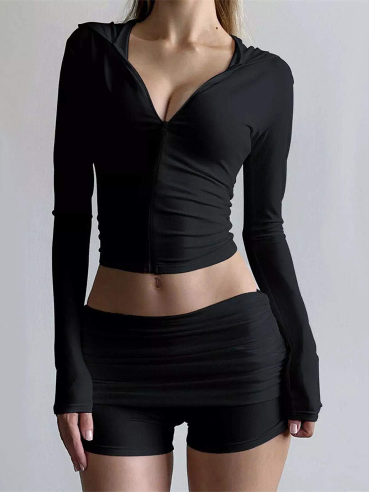 Long Sleeve Zip-Up Hoodie and Ruched Shorts Set