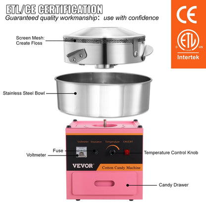 VEVOR Electric Cotton Candy Machine, 1000W Candy Floss Maker, Commercial Cotton Candy Machine With Stainless Steel Bowl, Sugar Scoop, And Drawer, Perfect For Home Kids Birthday, Family Party Pink
