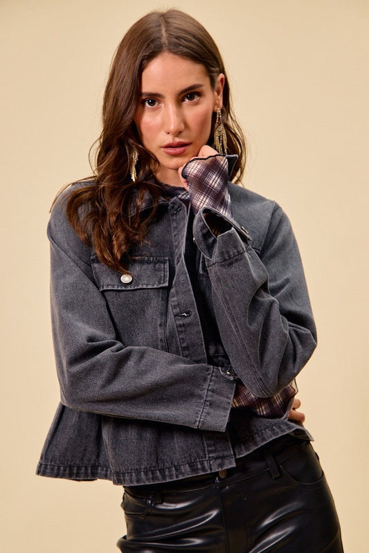 SO ME Denim Peplum Hem Front Button Jacket With Pockets