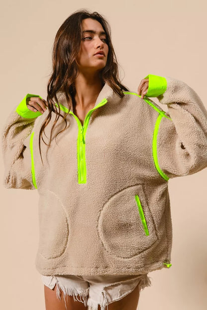 BiBi Contrast Edge Half Zip Up Sherpa Jacket