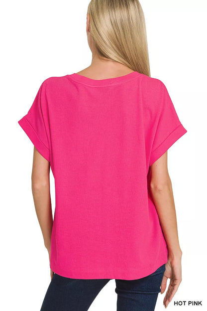 Zenana Cuffed Front Pocket Short Sleeve Tee