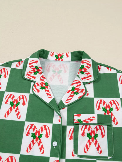 Candy Cane Checkered Pattern 2pcs Pajama Set