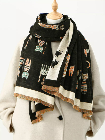 Cute Cat Pattern Raw Hem Scarf