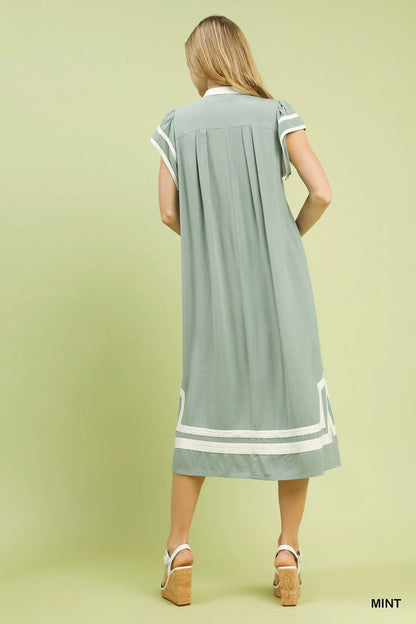 Umgee Linen Cotton Contrast Neckline Midi Dress