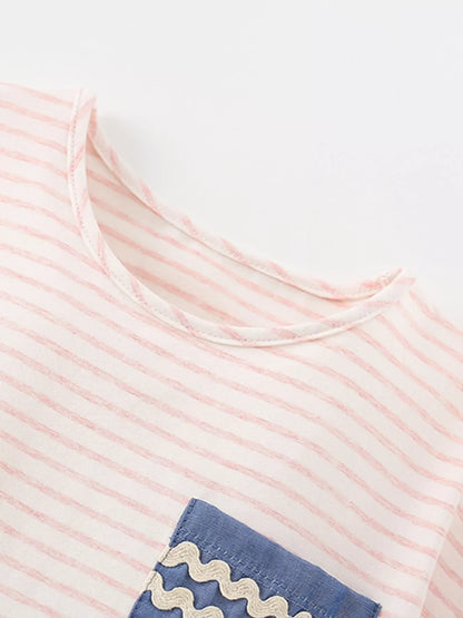 Children's Cute Cartoon Caterpillar Applique Striped T-Shirt