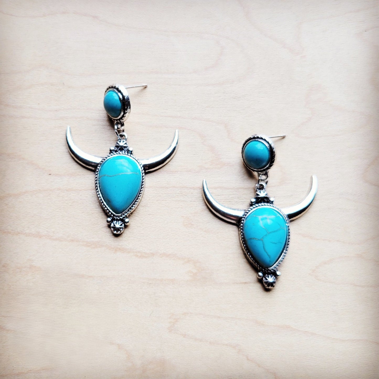 **Silver Bull Skull Dangle Earrings w/ Turquoise Accents 222jc