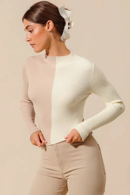 SO ME Color Block Fitted Crop Sweater Top