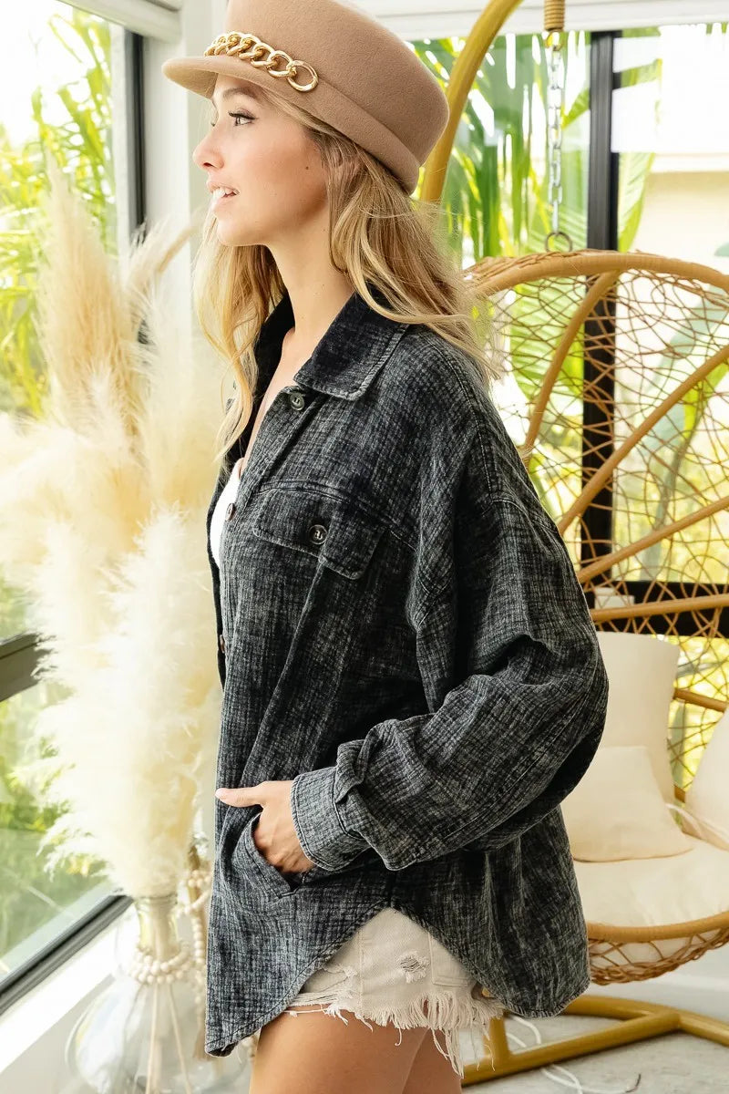 BiBi Vintage Washed Wrinkle Gauze Shacket