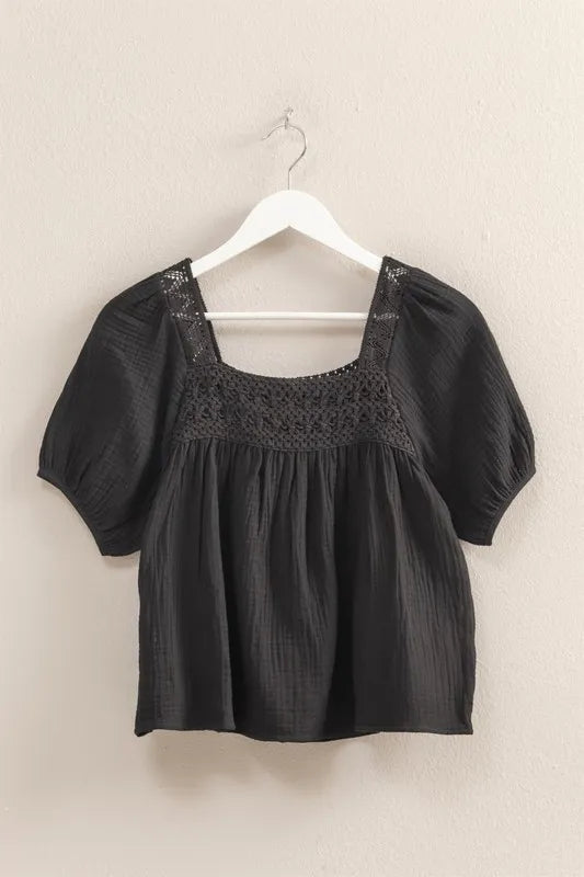 HYFVE Crochet Detail Puff Sleeve Peasant Top