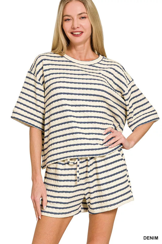 Zenana Striped Short Sleeve Tee & Shorts Set
