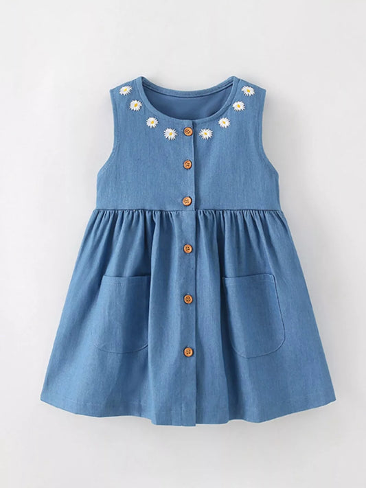 Children's Daisy Embroidered Denim Button-Down Dress