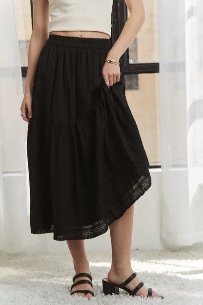 ADORA Elastic Waistband Tiered Midi Skirt