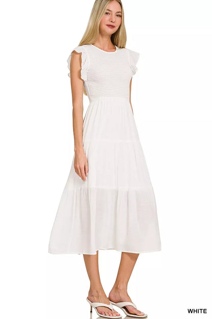 Zenana Woven Smocked Ruffle Sleeve Midi Dress