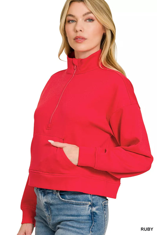 Zenana Scuba Half Zip Pullover With Kangaroo Pockets