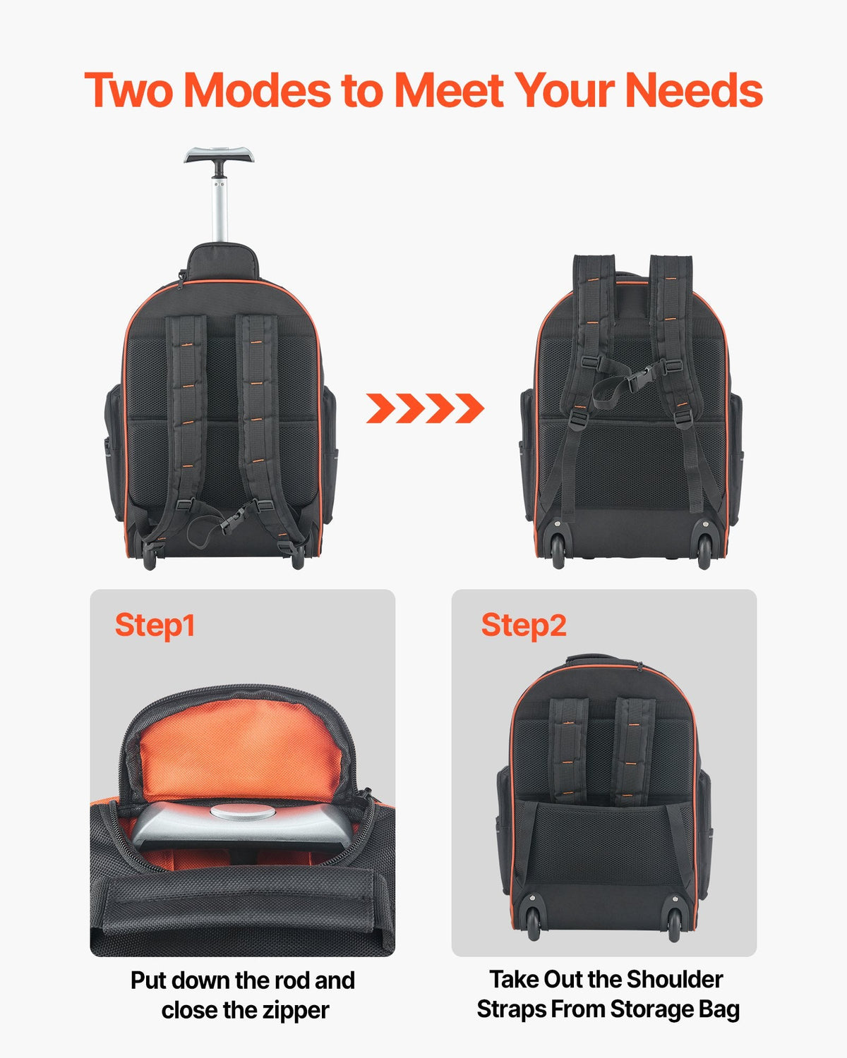 Rolling Tool Backpack, 110 Lbs Load Capacity, 72 Pockets Heavy Duty Roller Tool Bag On Wheels, Adjustable Telescoping Handle & Stable Base, Toolbag Organizers For Construction, Mechanic