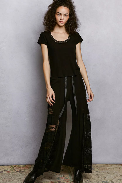 POL Round Neck Short Sleeve Crop T-Shirt with Lace Trim