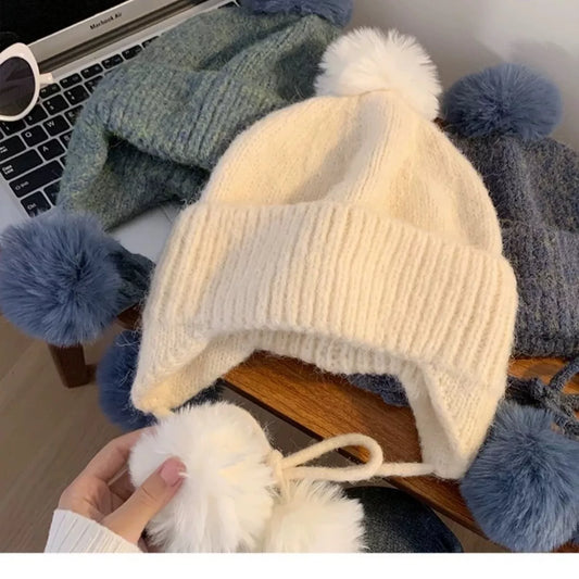 Warm Knitted Beanie Hat with Pom Pom Ear Flaps
