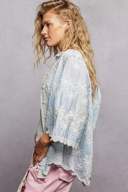 POL Embroidered Floral Collared Neck Shirt with Scalloped Edges