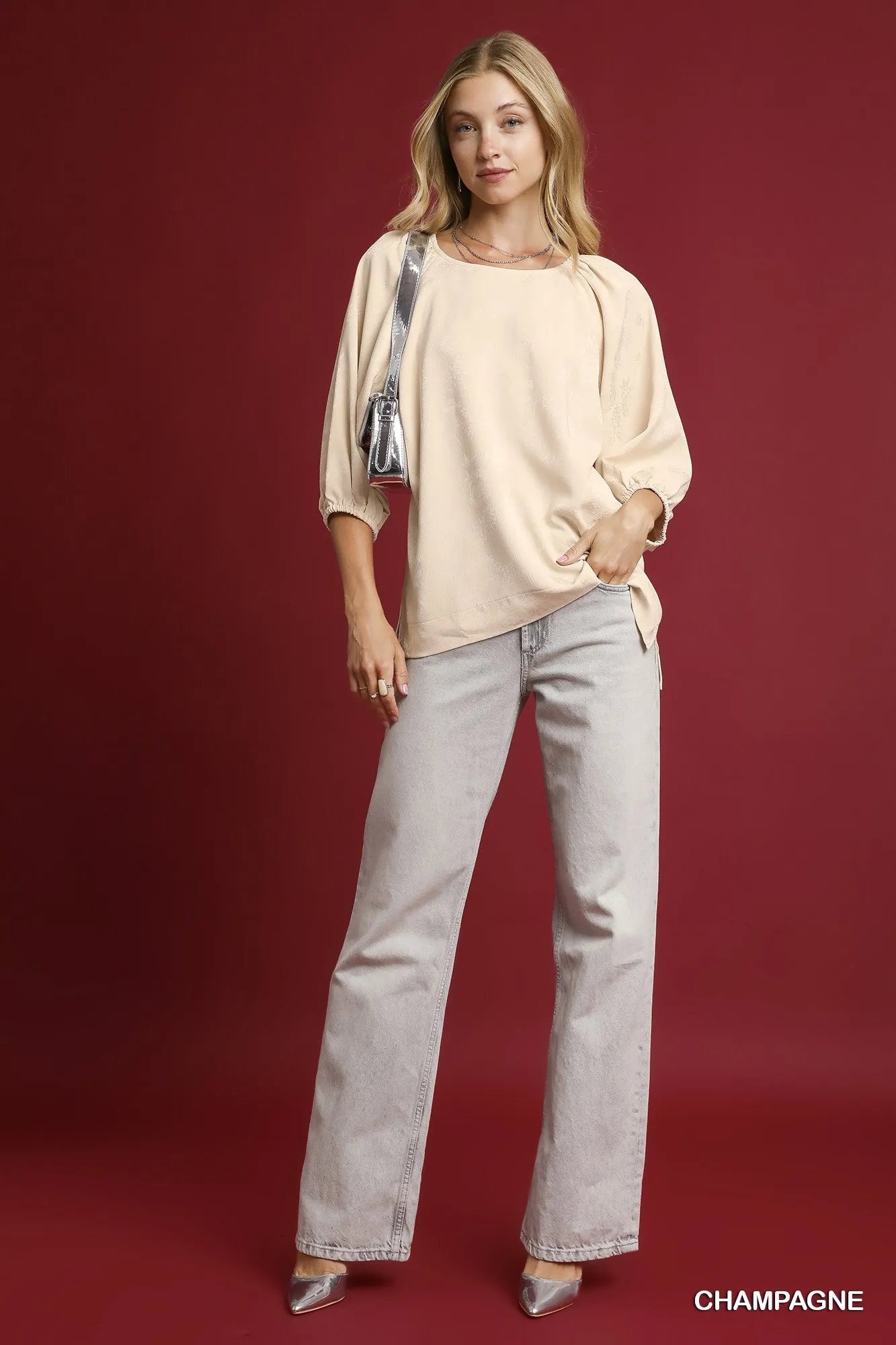 Umgee Satin Jacquard Balloon Sleeve Blouse