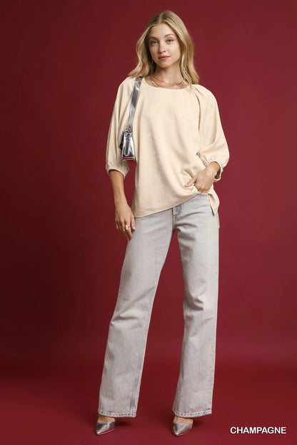 Umgee Satin Jacquard Balloon Sleeve Blouse