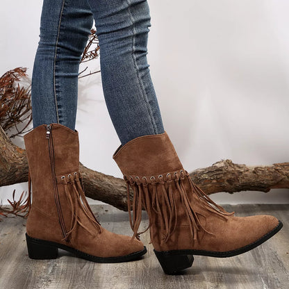 Fringe Western Block Heel Boots