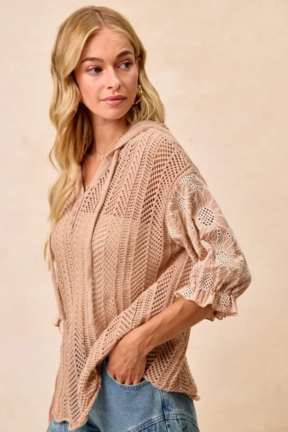 BiBi Jacquard Flower Puff Sleeve Hooded Knit Top
