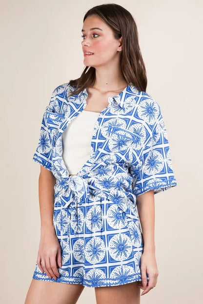 VERY J Full Size Tropical Printed Shirt Top and Shorts Set Plus Size