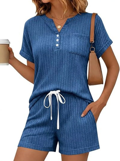 Casual Ribbed Knit Tee and Shorts Set