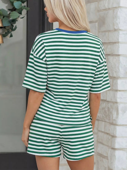 Stripe Boxy Tee and Drawstring Elastic Waist Shorts Set