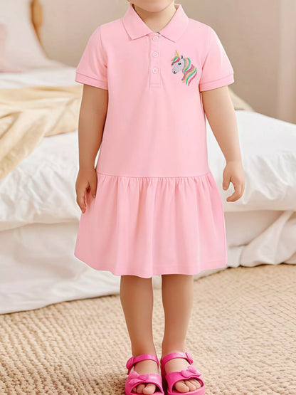Children's Unicorn Embroidered Polo Collar Dress