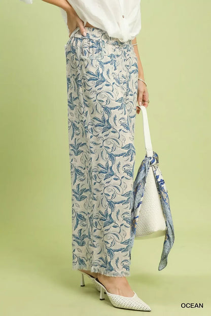 Umgee Linen Printed Wide Leg Raw Hem Pants