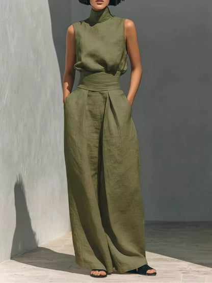 Turtleneck Sleeveless Top and Wide-Leg Pants Set