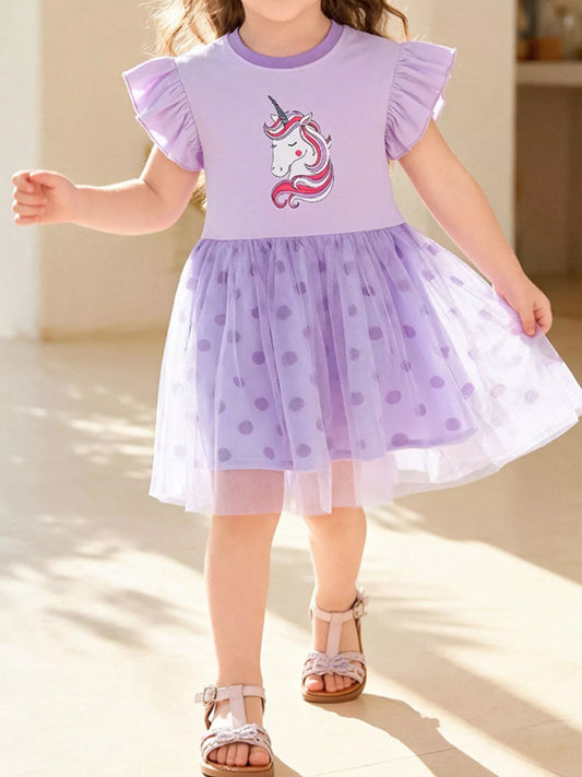 Children's Unicorn Ruffle Sleeve Tulle Dress