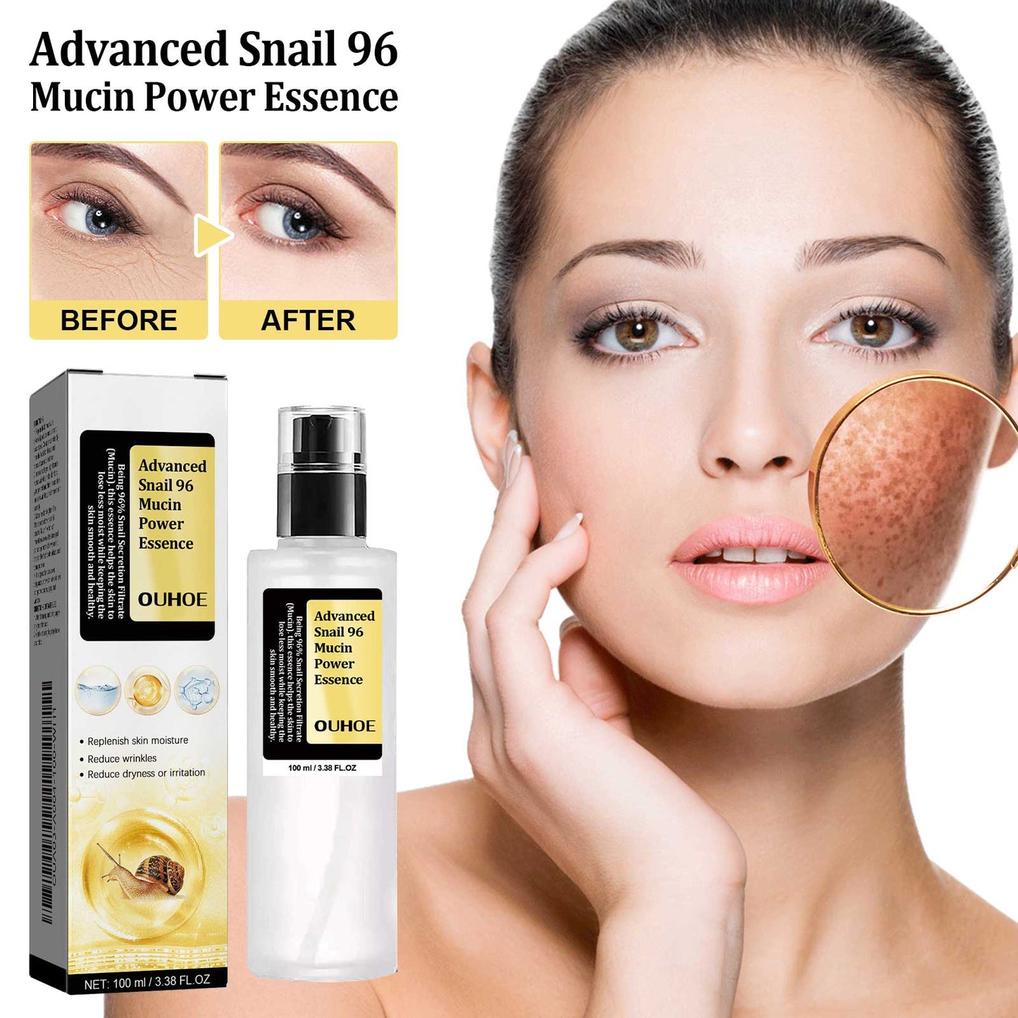 OUHOE Snail 96 Collagen Power Essence, Repair Skin Barrier Moisturizing And Fading Dark Spots Snail Essence