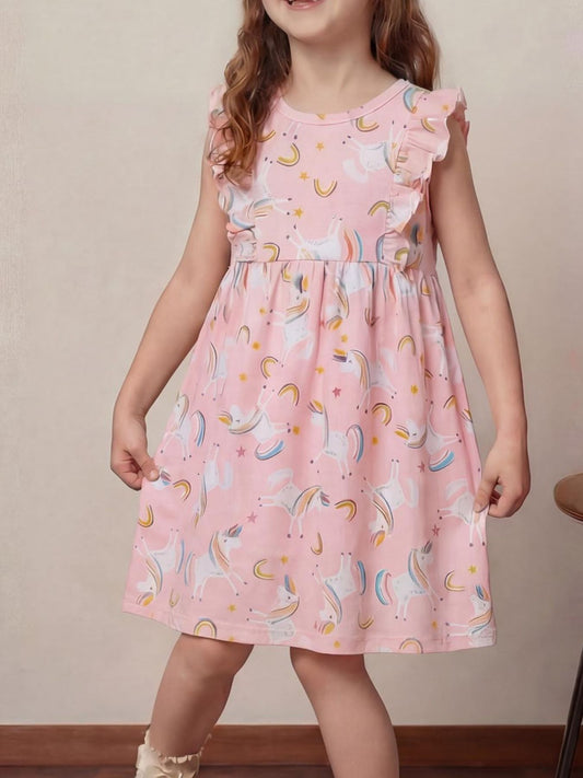 Children's Unicorn Print Ruffle Sleeve Casual Dress