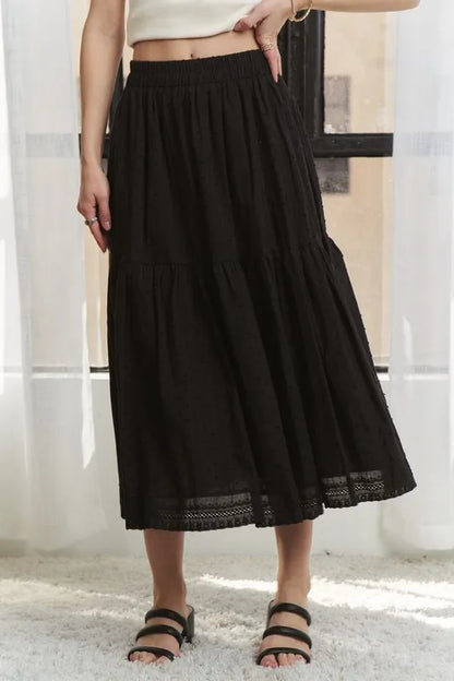 ADORA Elastic Waistband Tiered Midi Skirt