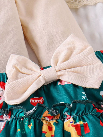 Children's Christmas Ruffled Long Sleeve Top and Skirt Set with Headband