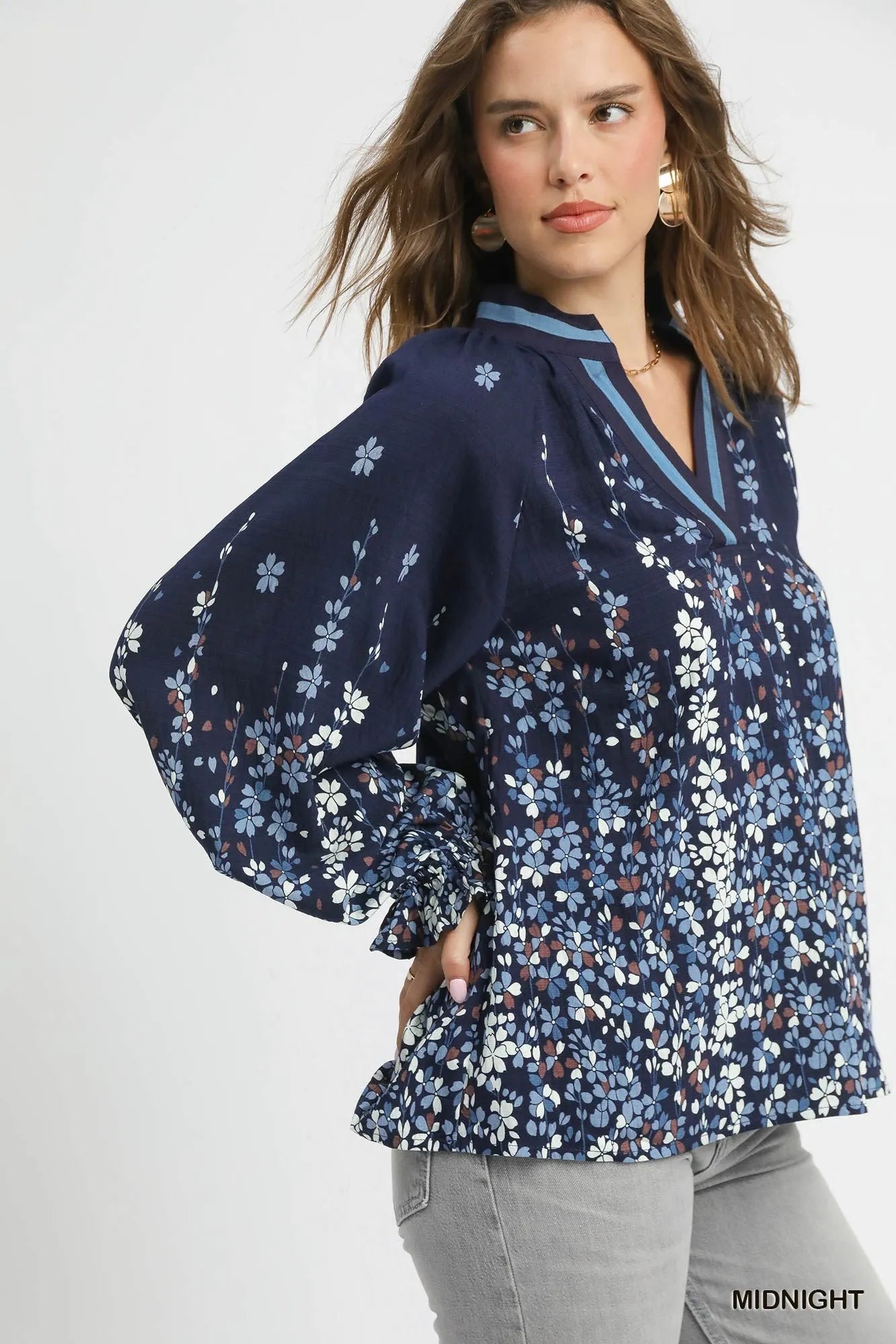 Umgee Full Size Floral Vine Print Blouse with Balloon Sleeves Plus Size