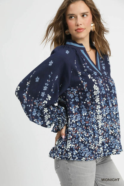 Umgee Full Size Floral Vine Print Blouse with Balloon Sleeves Plus Size