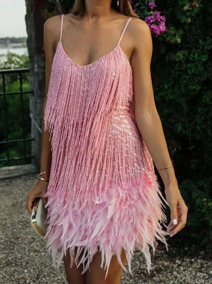 Full Size Sequin Fringe V-Neck Mini Dress Plus Size