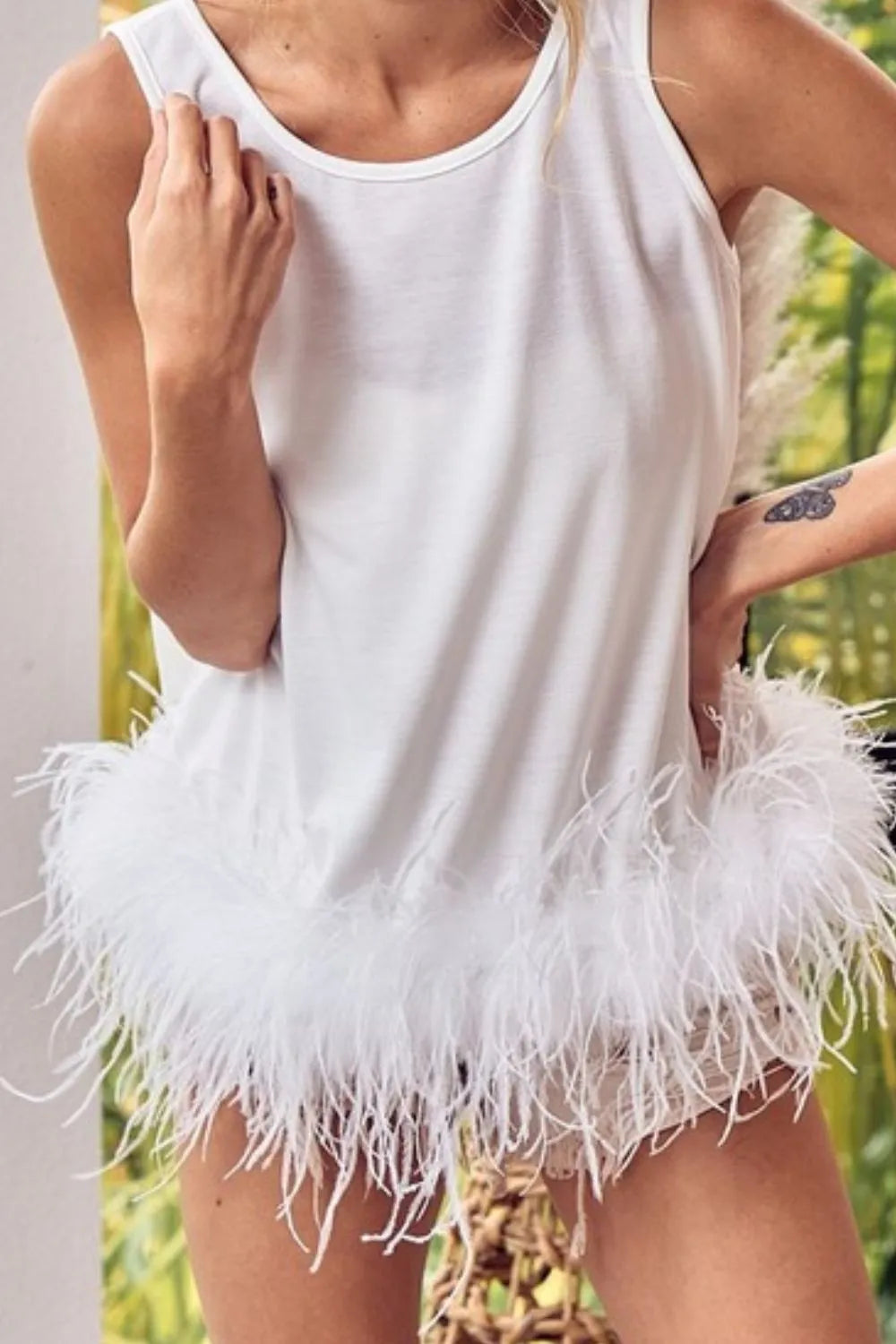 BiBi French Terry Faux Feather Bottom Back Tied Top