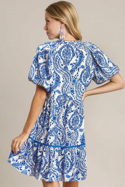 Umgee Full Size Printed Notched Puff Sleeve Mini Dress Plus Size