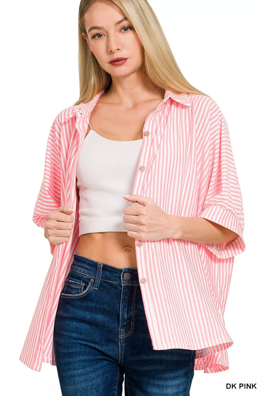 Zenana Oversized Stripe Button Down Shirt