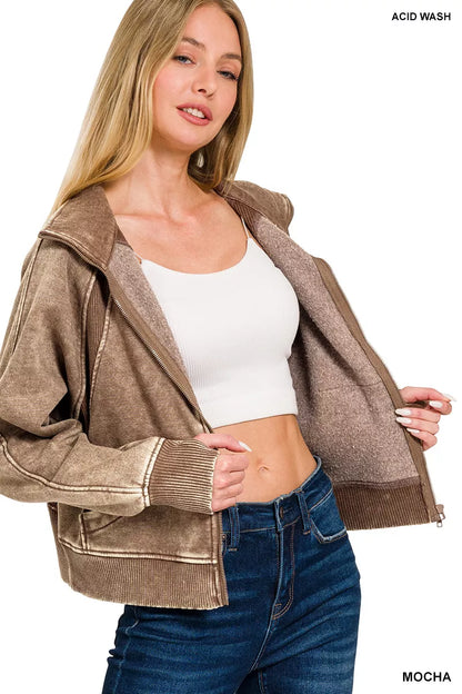 Zenana Acid Wash Zip Up Fleece Jacket