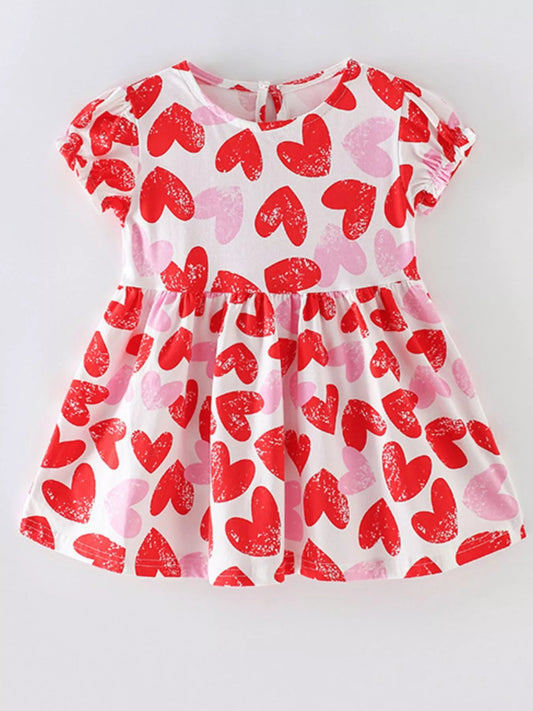 Children's Heart Print Ruffle Sleeve Casual Dress