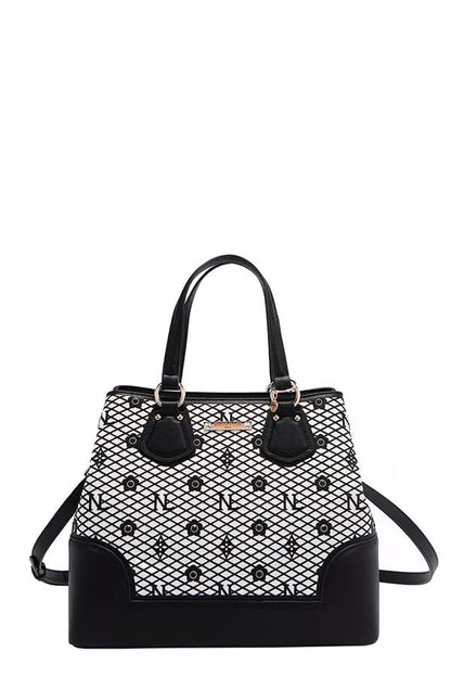 Nicole Lee USA Monogram Pattern Handbag with Rhinestones Decor