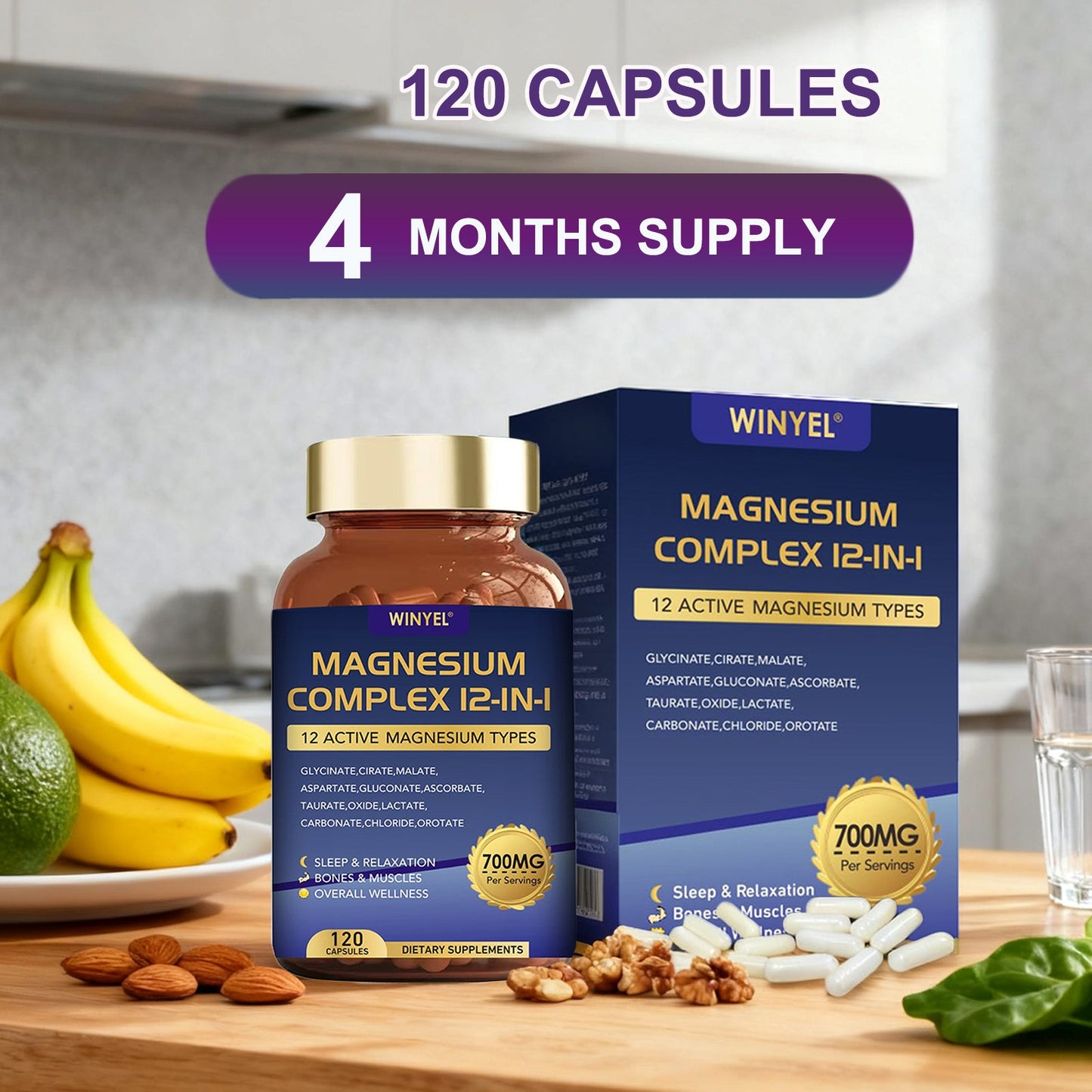 WINYEL Magnesium Complex 700mg 12 In 1 Magnesium Supplement With Glycinate, Citrate, Malate  Sleep, Calm, Muscle Relaxation, Heart Health Support  Vegan 120 Capsules