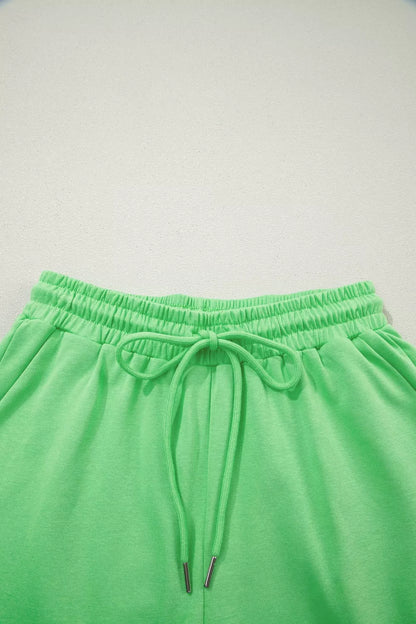 Solid Color Puffy Loose Top Drawstring Shorts 2pcs Outfit