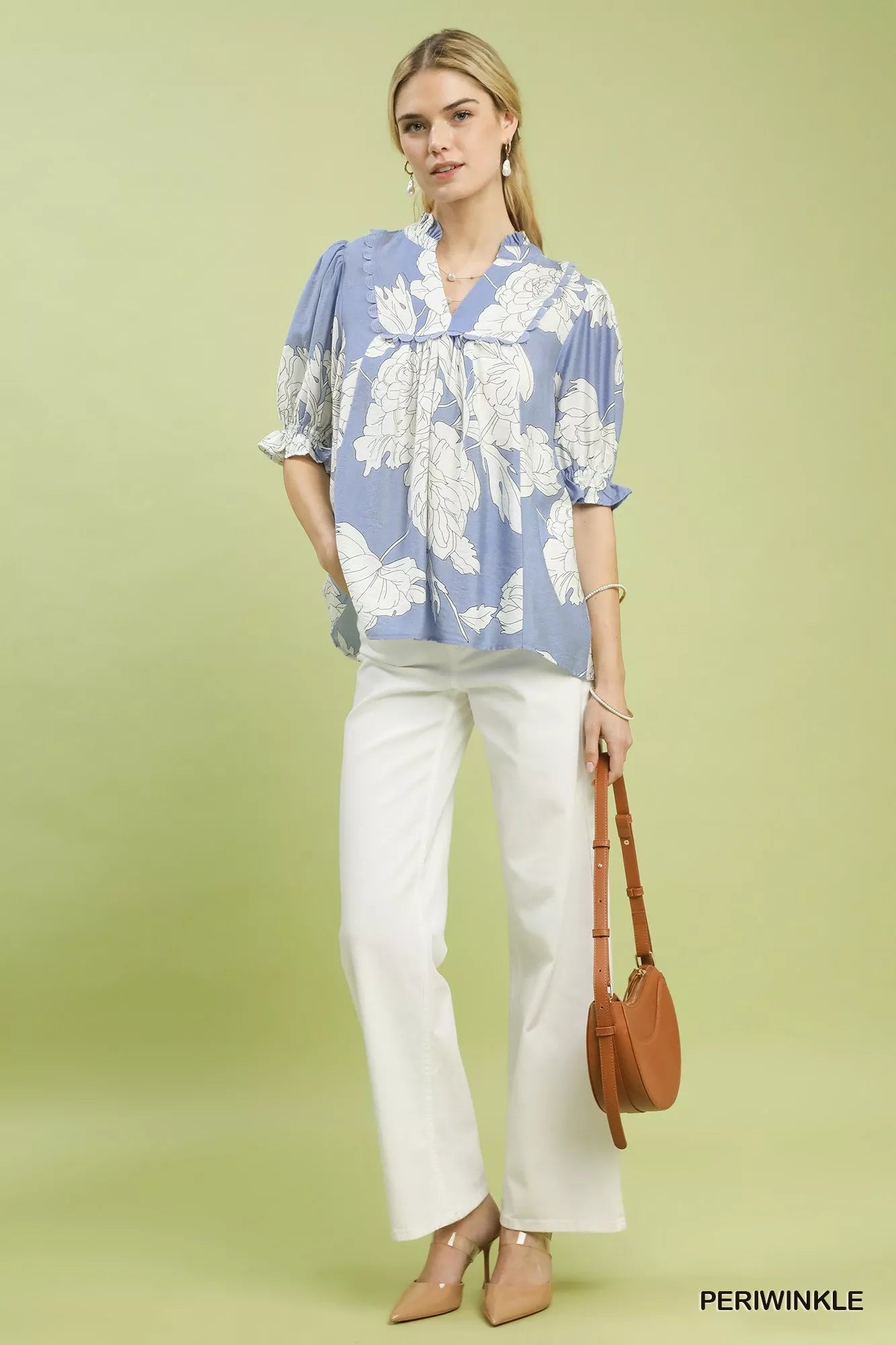 Umgee Peony Illustration Print Top with Scalloped Trim