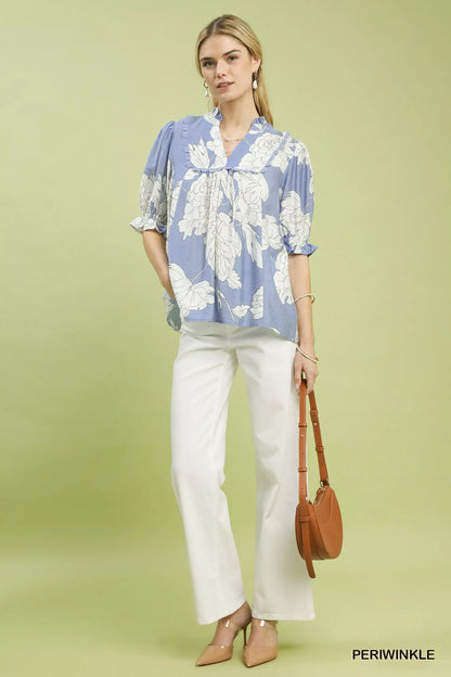 Umgee Peony Illustration Print Top with Scalloped Trim